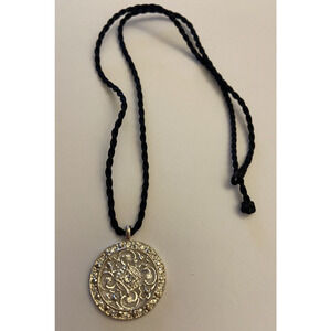 Silvertone crystal filigree amulet medallion pendant 18" black braided cord